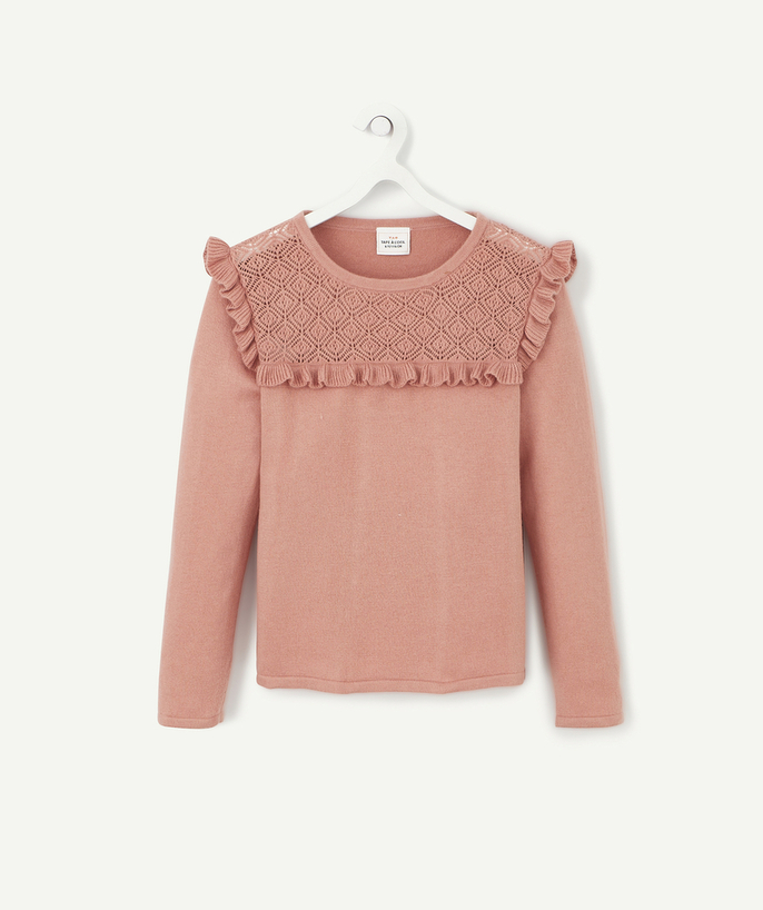   - PULL FILLE EN TRICOT ROSE EN CROCHET ET VOLANTS 