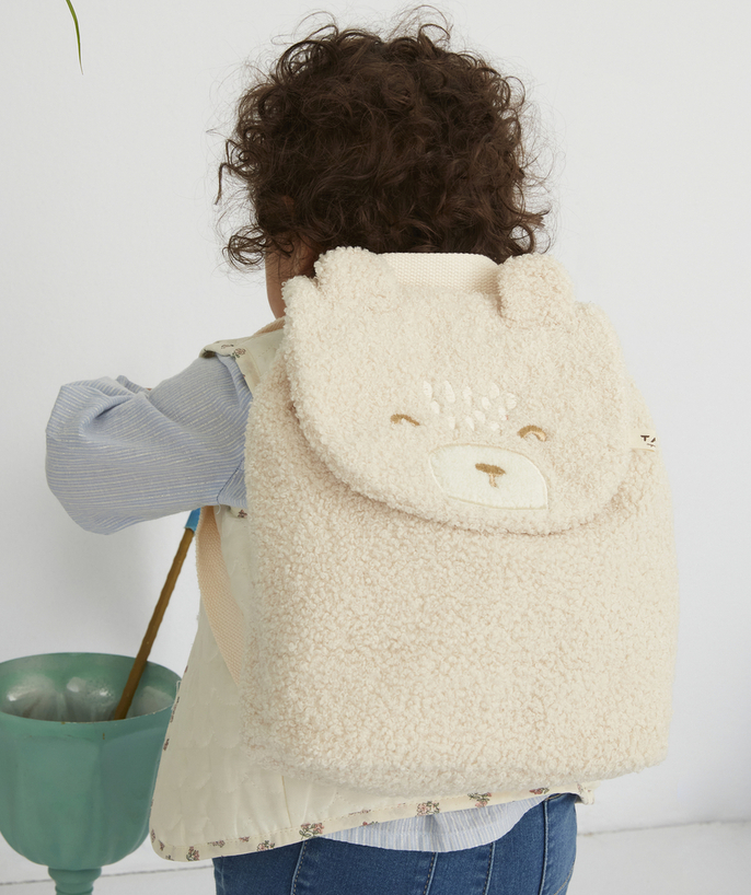   - SAC À DOS BEIGE EN BOUCLETTES BÉBÉ FILLE AVEC TÊTE D'OURS 