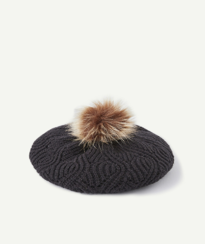   - ZWARTE BARET MET PAILLETTEN EN POMPON VAN IMITATIEBONT, VOOR MEISJES