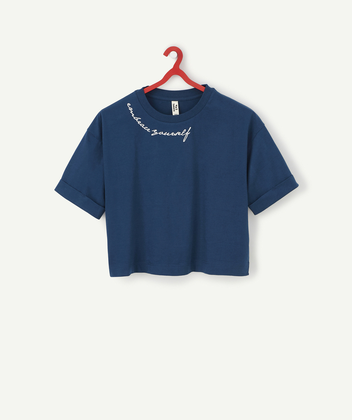   - KORT MEISJES T-SHIRT IN MARINEBLAUW BIOKATOEN MET BOODSCHAP