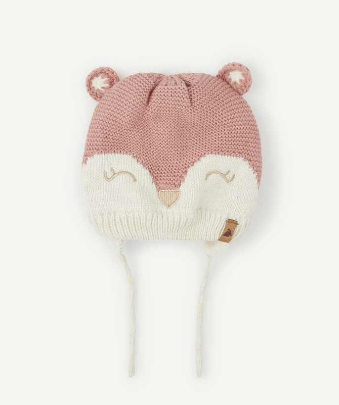   - ROZE GEBREIDE MUTS MET TEDDYBEER PATROON BABY MEISJE