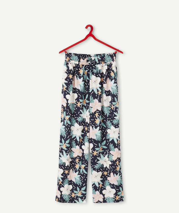   - SOEPELE BROEK VOOR MEISJES IN MARINEBLAUW VAN VERANTWOORD VISCOSE MET HAWAÏ-MOTIEF