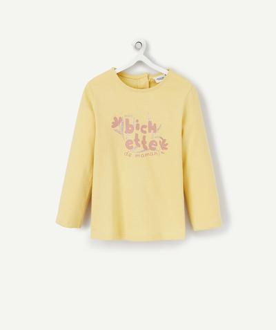 CategoryModel (8821752627342@3686)  - GEEL SHIRT MET LANGE MOUWEN BABYMEISJE MET ROZE OPSCHRIFT IN BIOKATOEN