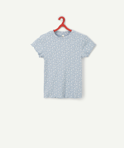 CategoryModel (8821759639694@6320)  - T-SHIRT FILLE EN COTON BIO BLEU CÔTELÉ IMPRIMÉ FLEURI