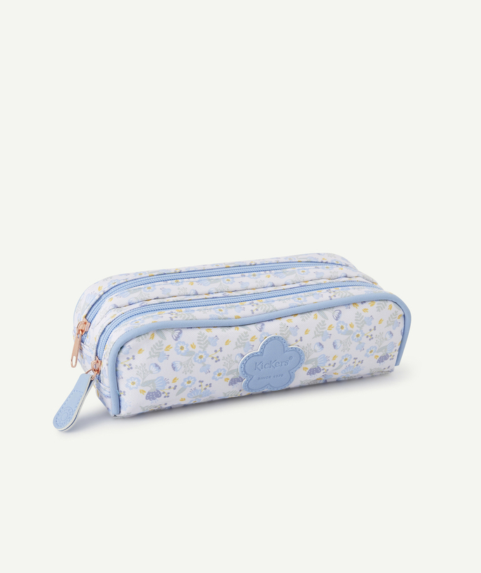   - GIRLS' SKY BLUE DOUBLE-COMPARTMENT FLORAL PRINT PENCIL CASE