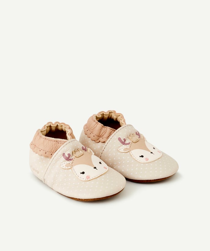   - CHAUSSONS BÉBÉ EN CUIR BEIGE À POIS AVEC RENNE