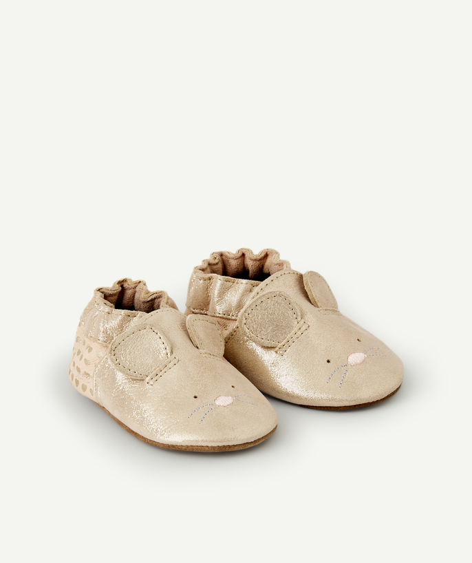   - CHAUSSONS BÉBÉ EN CUIR COULEUR DORÉE ROSE AVEC SOURIS