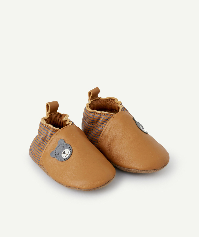   - DOUBEAR TAN LEATHER BABY BOOTIES WITH GREY TEDDIES