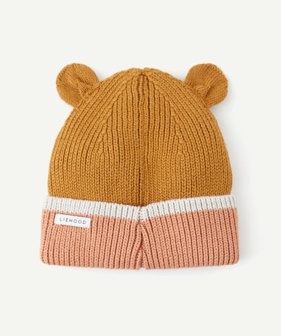 CategoryModel (8821754134670@240)  - GINA BEANIE IN BROWN AND PINK ORGANIC COTTON RIBBED KNIT WITH BEAR EARS